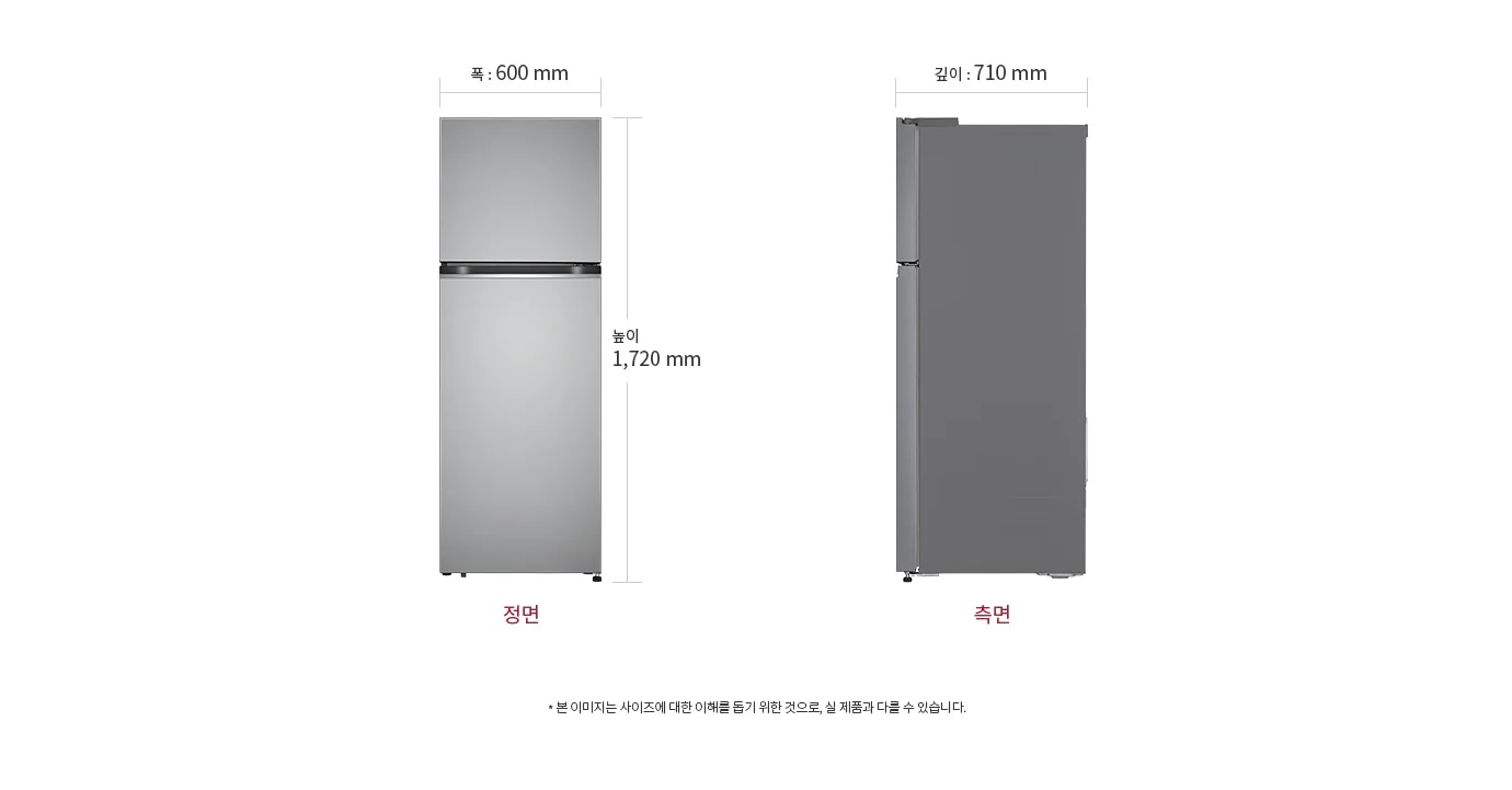 냉장고의 정면과 측면 모습이 나란히 배치되어 있습니다. 정면의 폭은 600mm, 높이는 1,720mm로 표시되어 있으며, 측면의 깊이는 710mm로 표시되어 있습니다. 이미지 하단에는 본 이미지는 사이즈에 대한 이해를 돕기 위한 것으로, 실 제품과 다를 수 있습니다.라는 문구가 포함되어 있습니다.