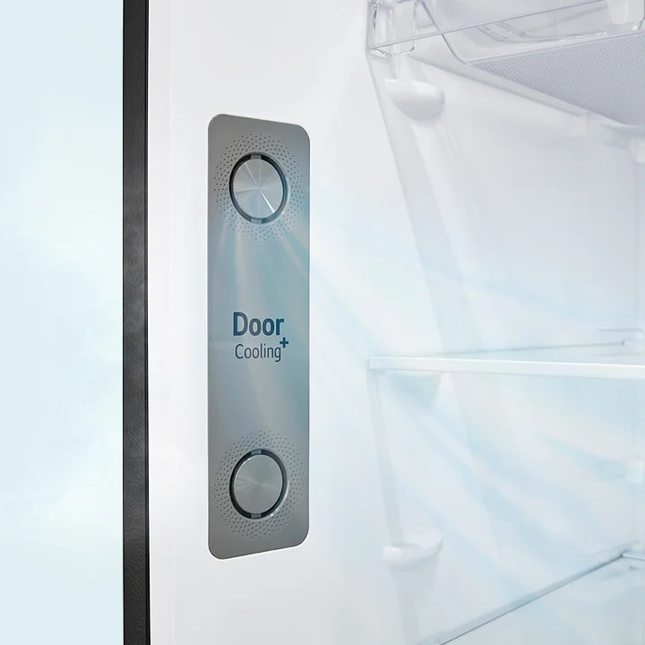 냉장고 문 안쪽에 Door Cooling+라는 텍스트가 있는 패널이 보입니다. 패널 주변으로 시원한 공기가 흐르는 모습이 시각적으로 표현되어 있으며, 내부에는 투명한 선반이 있습니다.