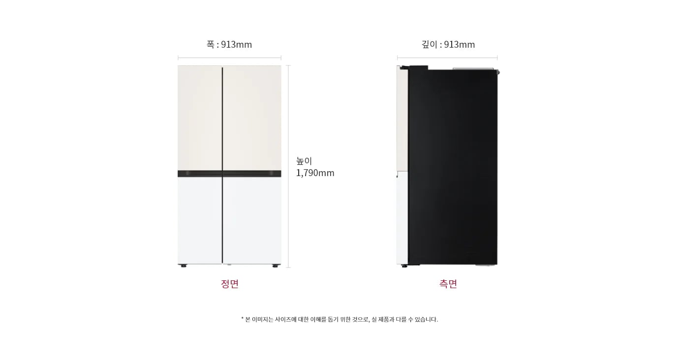 냉장고 정면과 측면 이미지, 크기 정보 표시: 폭 913mm, 깊이 913mm, 높이 1790mm, 본 이미지는 사이즈에 대한 이해를 돕기 위한 것으로, 실 제품과 다를 수 있습니다.
