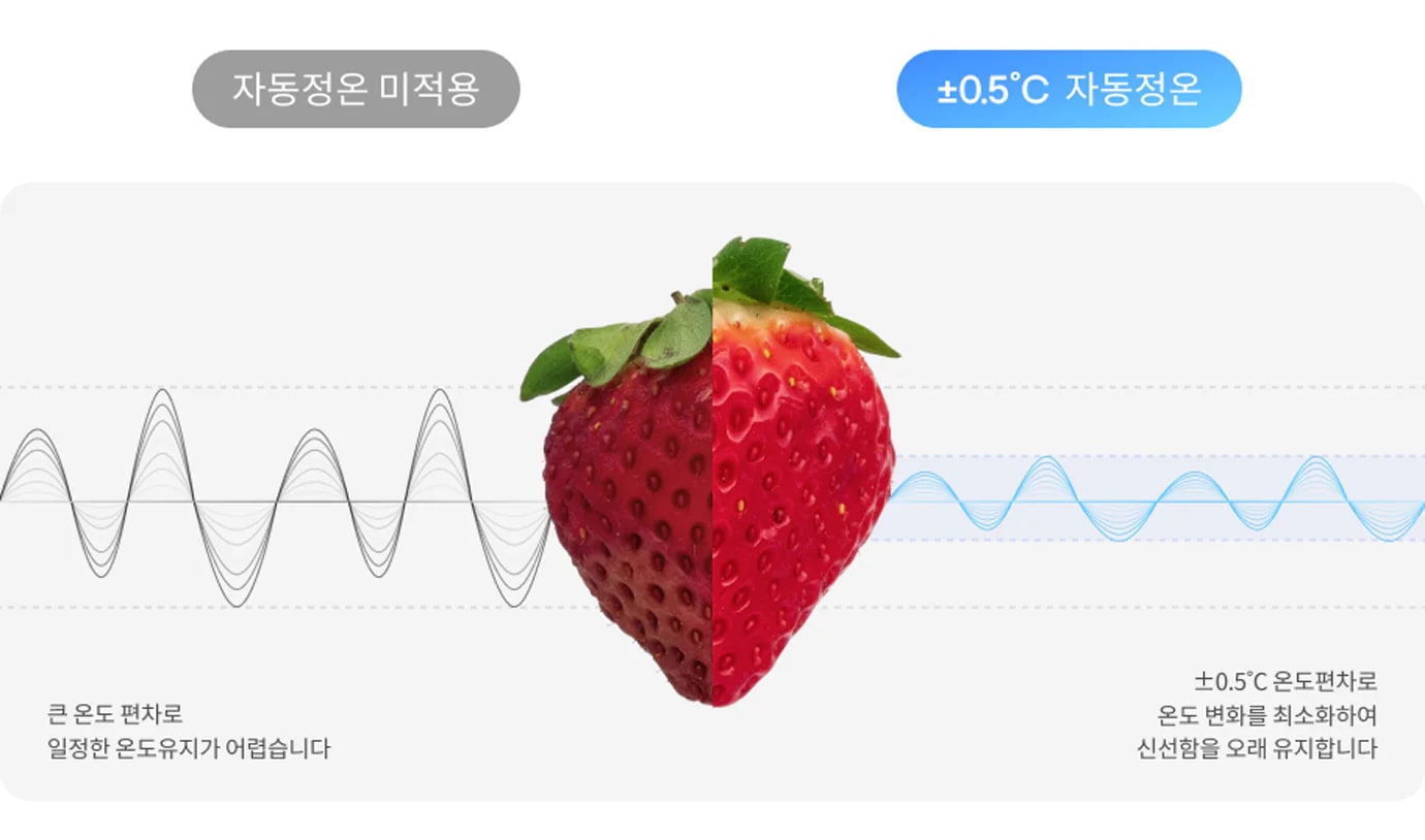 자동정온 미적용과 +0.5&deg;C 자동정온이라는 두 가지 상태가 비교되고 있습니다. 가운데 딸기가 있으며, 큰 온도 편차로 일정한 온도 유지가 어렵다는 설명과 함께 파형 그래프가 있습니다. &plusmn;0.5&deg;C 온도편차로 온도 변화를 최소화하여 신선함을 오래 유지한다는 설명과 함께 파형 그래프가 있습니다.