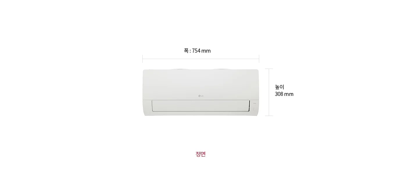 이미지는 벽걸이형 에어컨의 반측면을 보여줍니다. 폭은 754mm, 높이는 308mm, 두께는 789mm로 표시되어 있으며, 이미지 하단에는 반측면이라는 텍스트가 적혀 있습니다.
