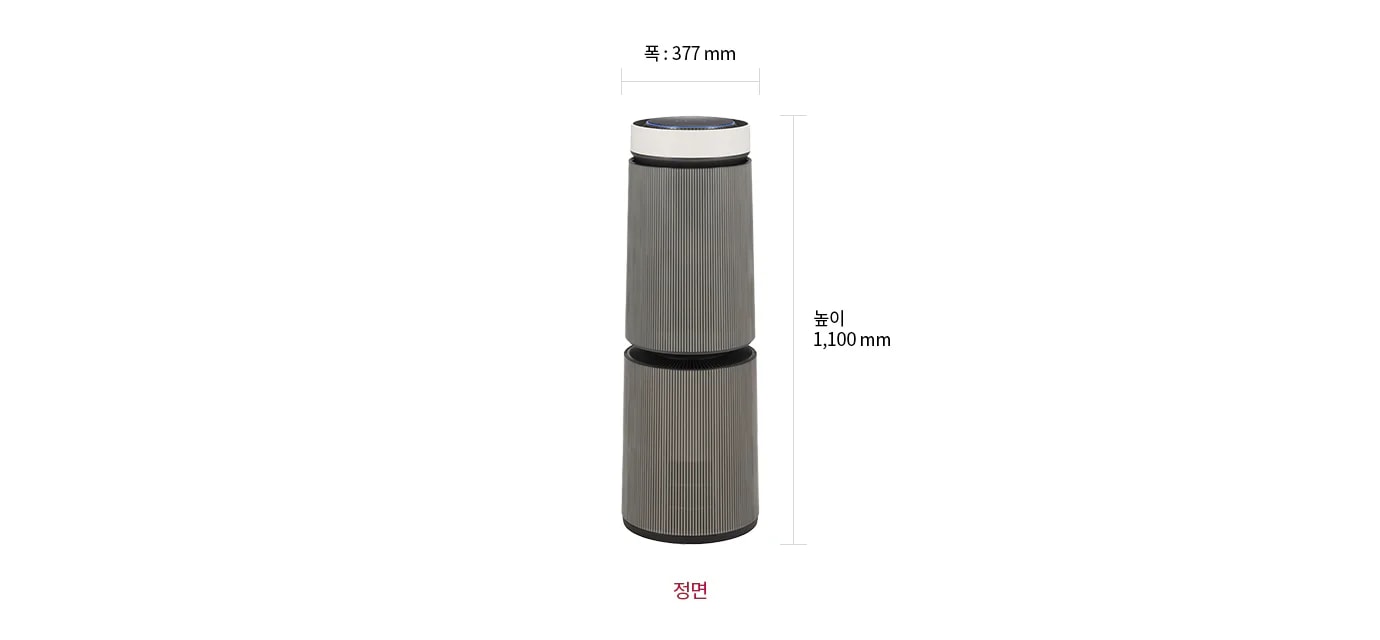 LG 퓨리케어 AI 오브제컬렉션 360˚ 공기청정기 M5의 정면 모습이 있으며, 제품의 크기는 폭 377mm, 높이 1,100mm입니다.