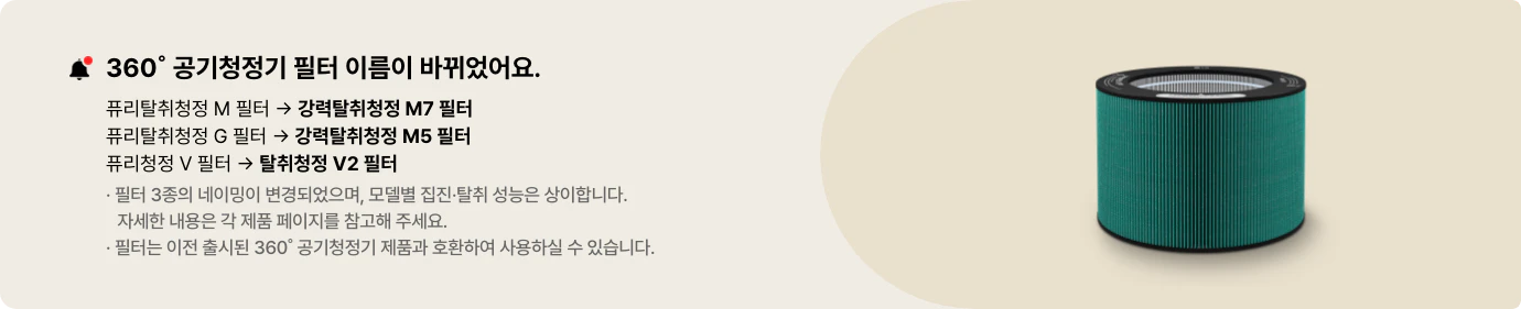 360˚ 공기청정기 필터 이름이 바뀌었어요.라는 문구와 퓨리탈취청정 M 필터에서 강력탈취청정 M7 필터로, 퓨리탈취청정 G 필터에서 강력탈취청정 M5 필터로, 퓨리청정 V 필터에서 탈취청정 V2 필터로 변경된 이름이 설명되고 있습니다. 필터 3종의 네이밍이 변경되었으며, 모델별 집진 탈취 성능은 상이합니다. 자세한 내용은 각 제품 페이지를 참고해 주세요.와 필터는 이전 출시된 360˚ 공기청정기 제품과 호환하여 사용하실 수 있습니다.라는 안내가 있습니다. 녹색 원통형 필터의 모습이 포함되어 있습니다.