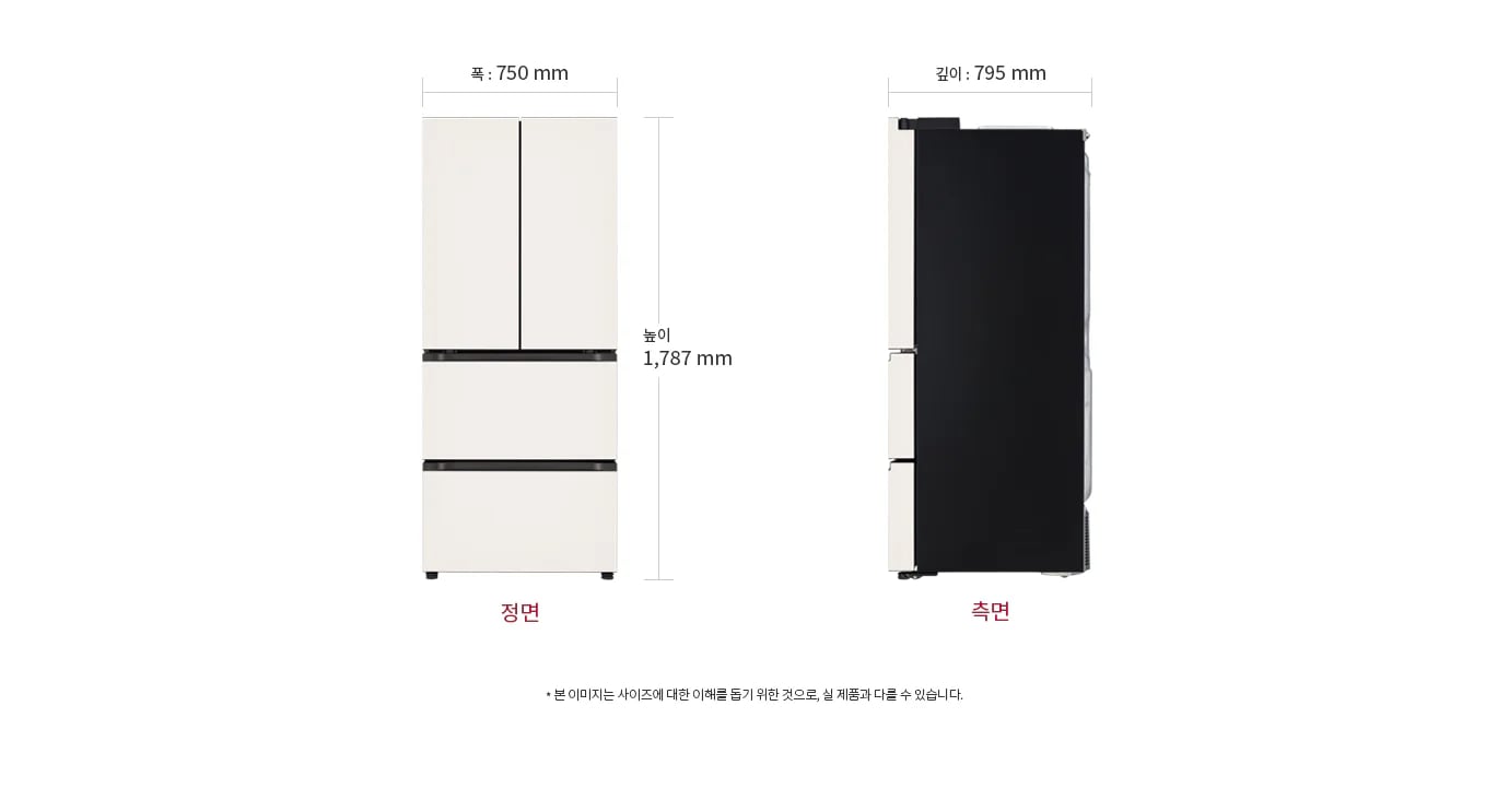냉장고의 정면과 측면 모습이 나와 있으며, 정면의 폭은 750mm, 높이는 1,787mm입니다. 측면의 깊이는 795mm입니다. 하단에는 본 이미지는 사이즈에 대한 이해를 돕기 위한 것으로, 실 제품과 다를 수 있습니다.라는 문구가 포함되어 있습니다.