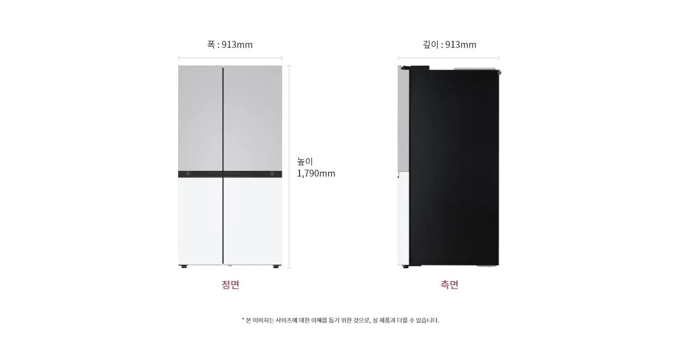 냉장고 정면과 측면 이미지, 크기 정보 표시: 폭 913mm, 깊이 913mm, 높이 1790mm, 본 이미지는 사이즈에 대한 이해를 돕기 위한 것으로, 실 제품과 다를 수 있습니다.