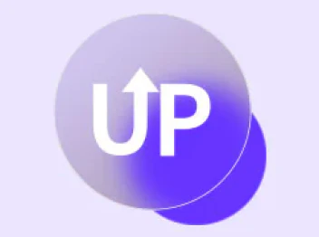 보라색과 연보라색이 그라데이션된 원형 배경 위에 흰색으로 'UP'라는 글자가 쓰여 있으며, 'U' 위에는 화살표가 위를 향하고 있습니다.