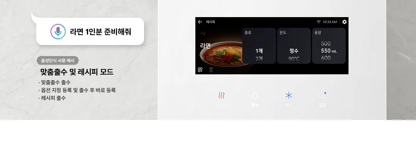 정수기 디스플레이 라면, 분량 1개, 물 온도 90℃, 용량 550ml가 확대되어 보여지고 좌측 말풍선에는 '라면 1인분 준비해줘'라고 적혀져 있습니다. 좌측 하단에는 음성인식 사용 예시가 보여지며 '맞춤출수 및 레시피 모드'라고 적혀있고 아래 맞춤출수 출수, 옵션 지정 등록 및 출수 후 바로 등록,레시피 출수가 적혀져 있습니다.