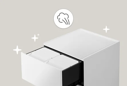 하얀색 배경 위에 흰색 사각형 모양의 RONi(로니) 제품이 있으며, 제품의 상단 부분이 열려 있습니다.